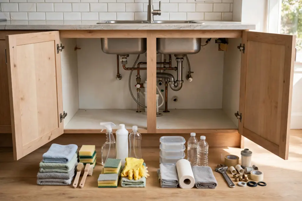 Under-sink cabinet emptied with cleaning supplies grouped in piles on the floor