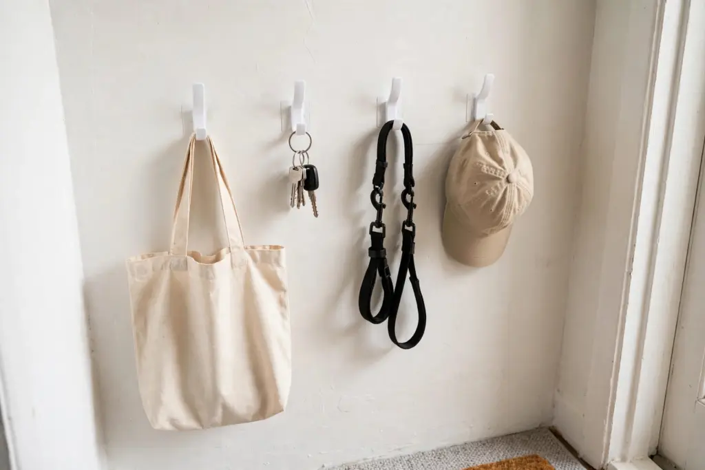 Row of white adhesive hooks on an entryway wall holding a tote bag, keys, leash and cap