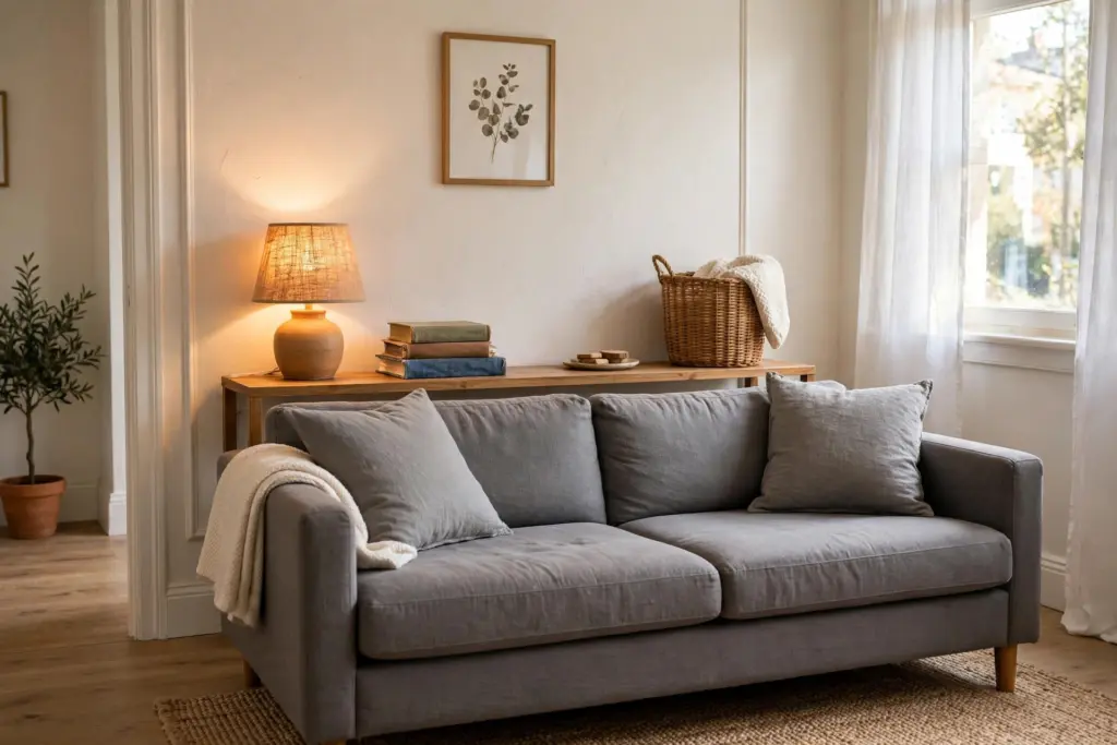 Narrow console table behind a gray sofa with a lamp, woven basket and books