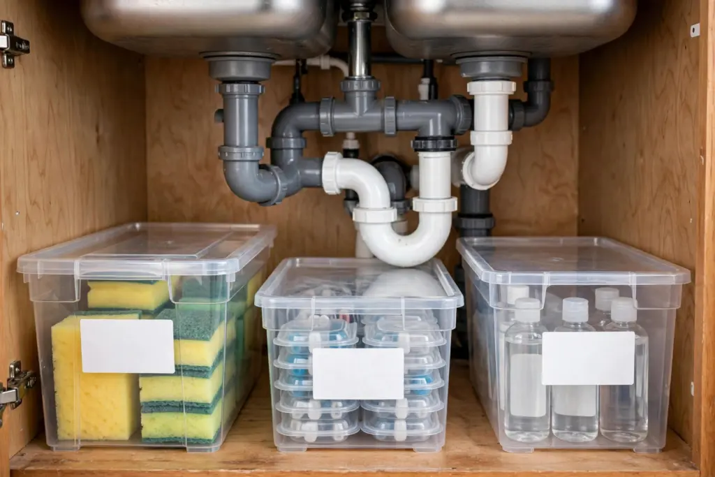 Clear stackable bins with lids holding sponges and small bottles inside a sink cabinet