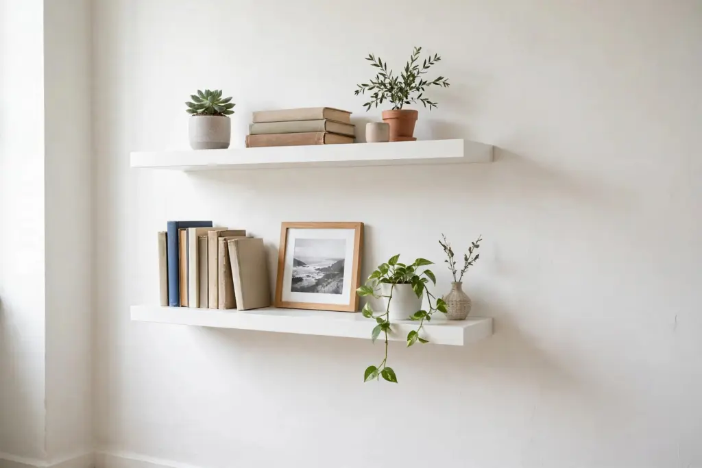 White floating shelves with no visible brackets styled with plants, a photo and books