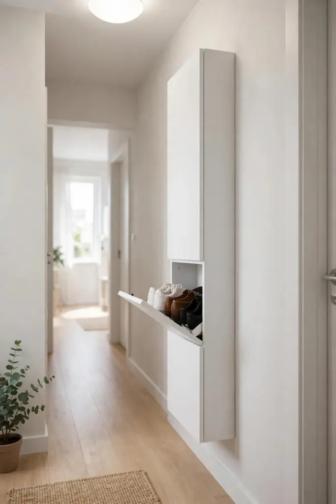 Slim white tilt-out shoe cabinet in a narrow entryway with shoes stored inside
