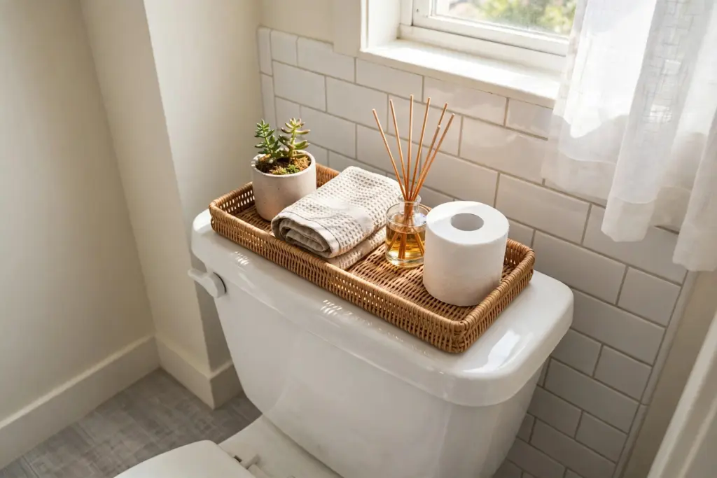 Organizer tray on a closed toilet tank lid with a small plant, folded hand towel, reed diffuser and spare toilet paper roll