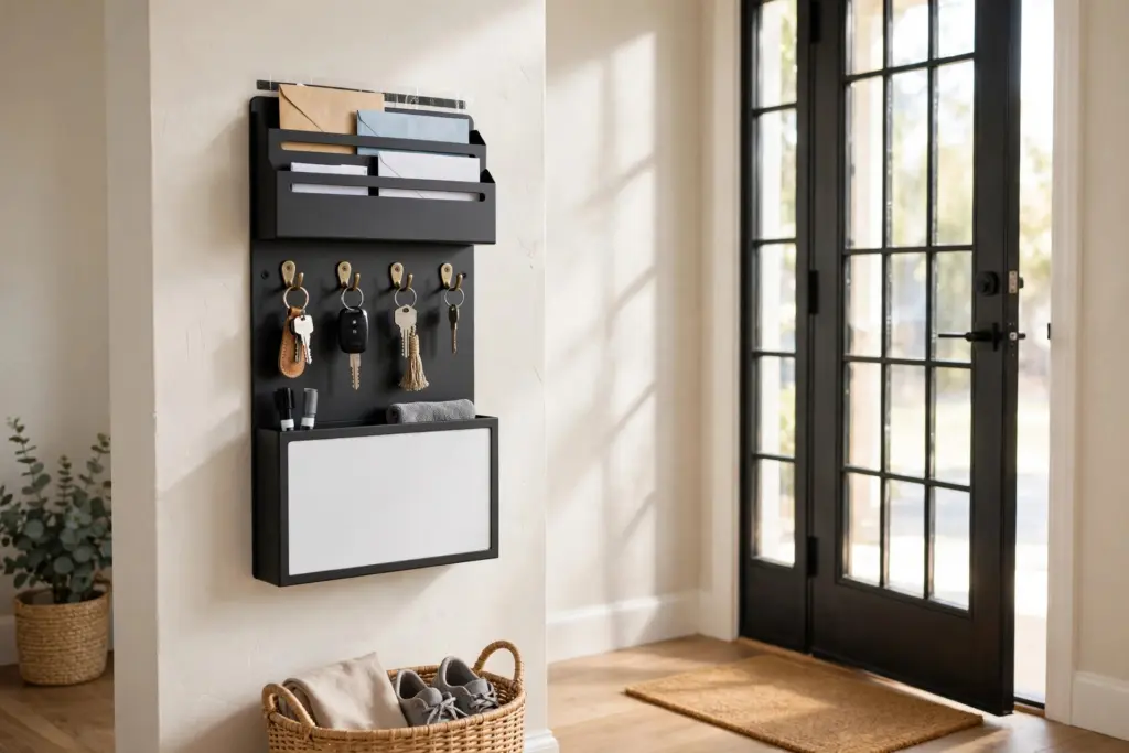 Adhesive wall organizer with mail slots, key hooks and a whiteboard near a front door