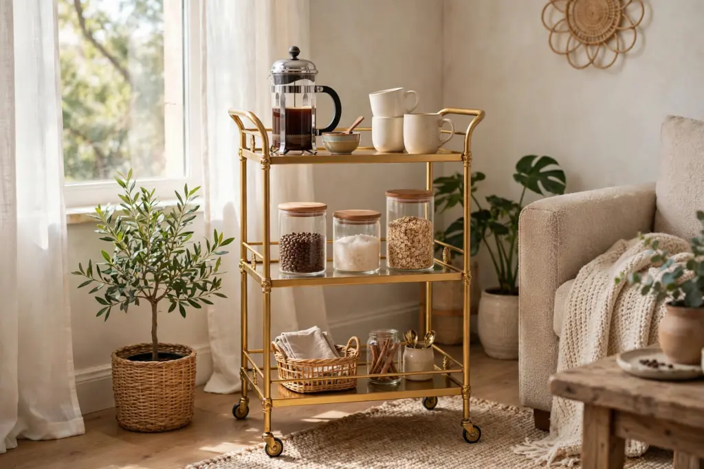 Bar cart repurposed as a coffee station with mugs, a French press and jars