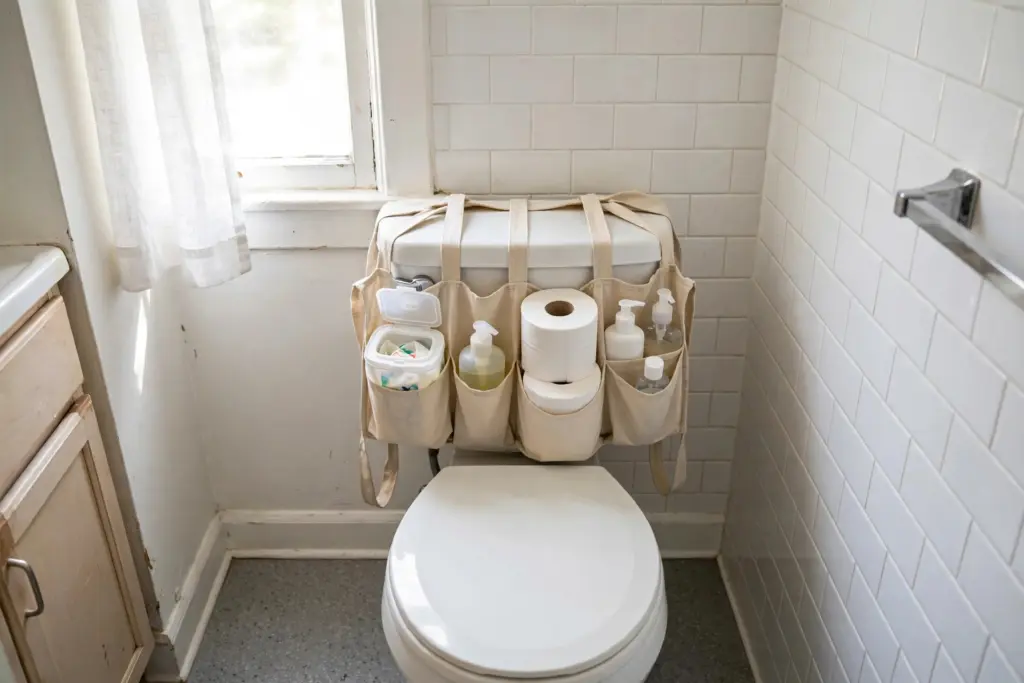 Fabric hanging organizer with pockets draped over a toilet tank holding toiletries and cleaning supplies