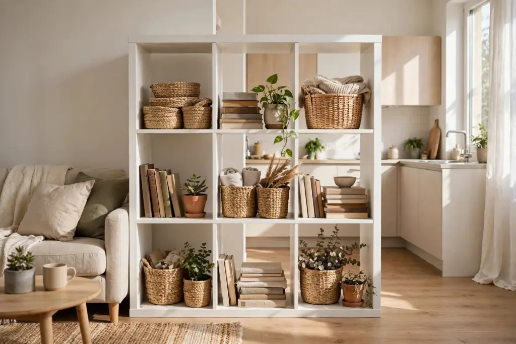 White cube shelving unit used as a room divider with baskets, books and a plant