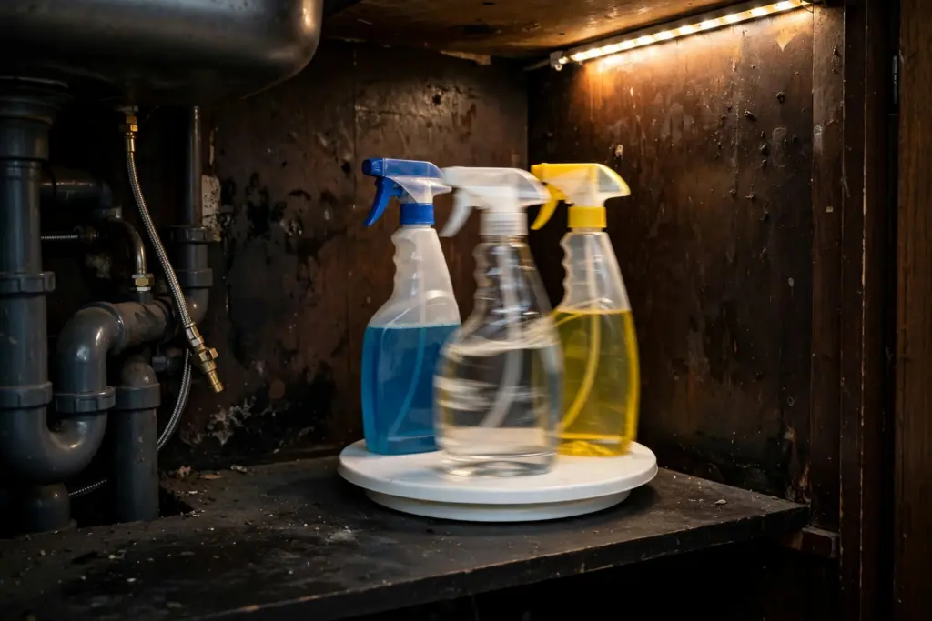 Small white turntable holding cleaning spray bottles in a dark under-sink cabinet corner