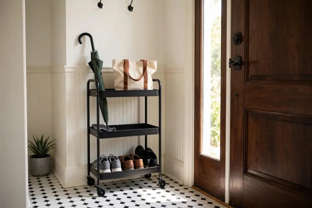Compact rolling cart by a front door holding shoes, an umbrella and a tote bag