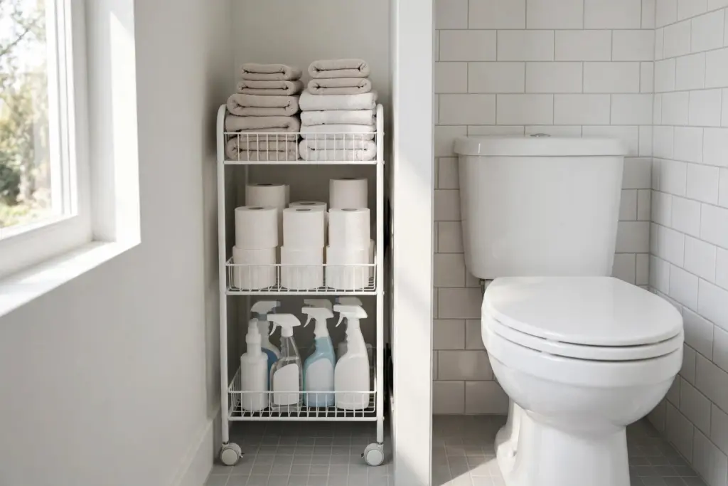 Slim three-tier rolling cart in the gap beside a toilet holding towels, toilet paper and spray bottles