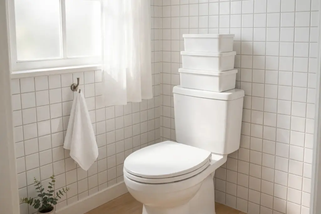 Neat stack of white lidded storage boxes on top of a closed toilet tank