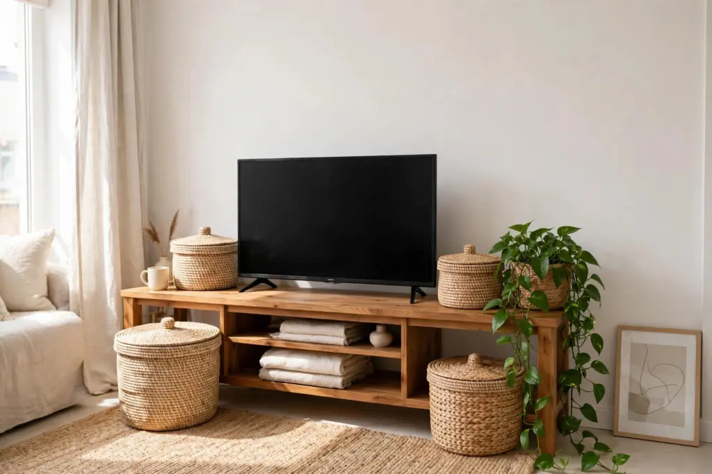 TV on a low wooden console surrounded by storage baskets, no wall mount