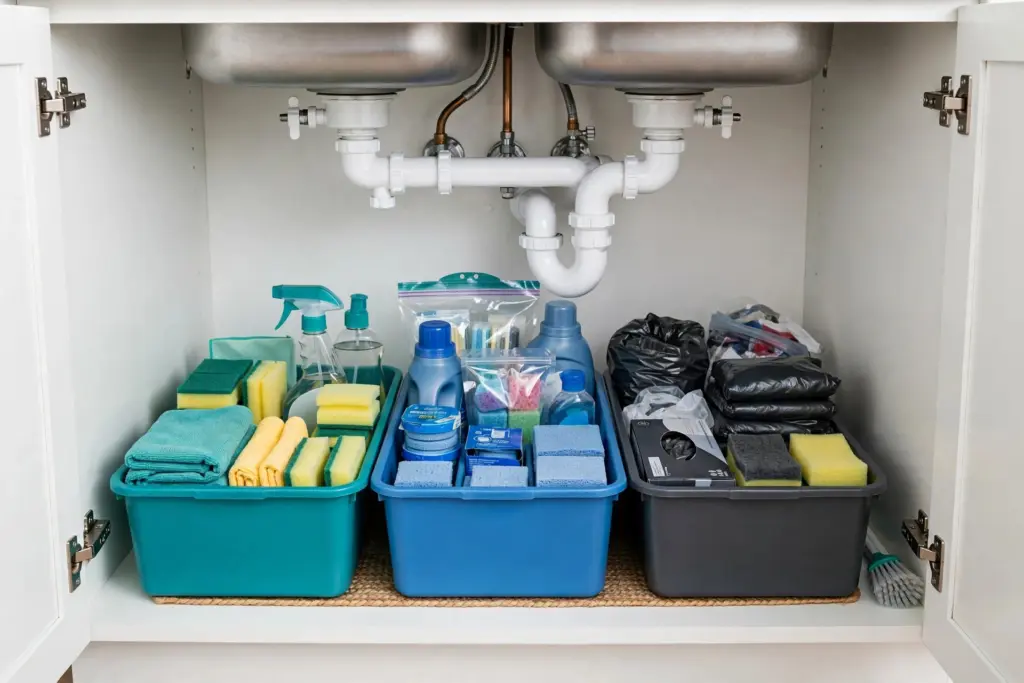 Under-sink cabinet organized into three labeled color-coded zones with bins