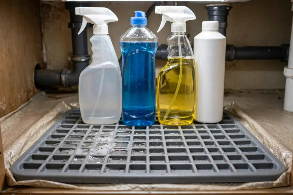 Gray drip tray mat under cleaning bottles inside an under-sink cabinet