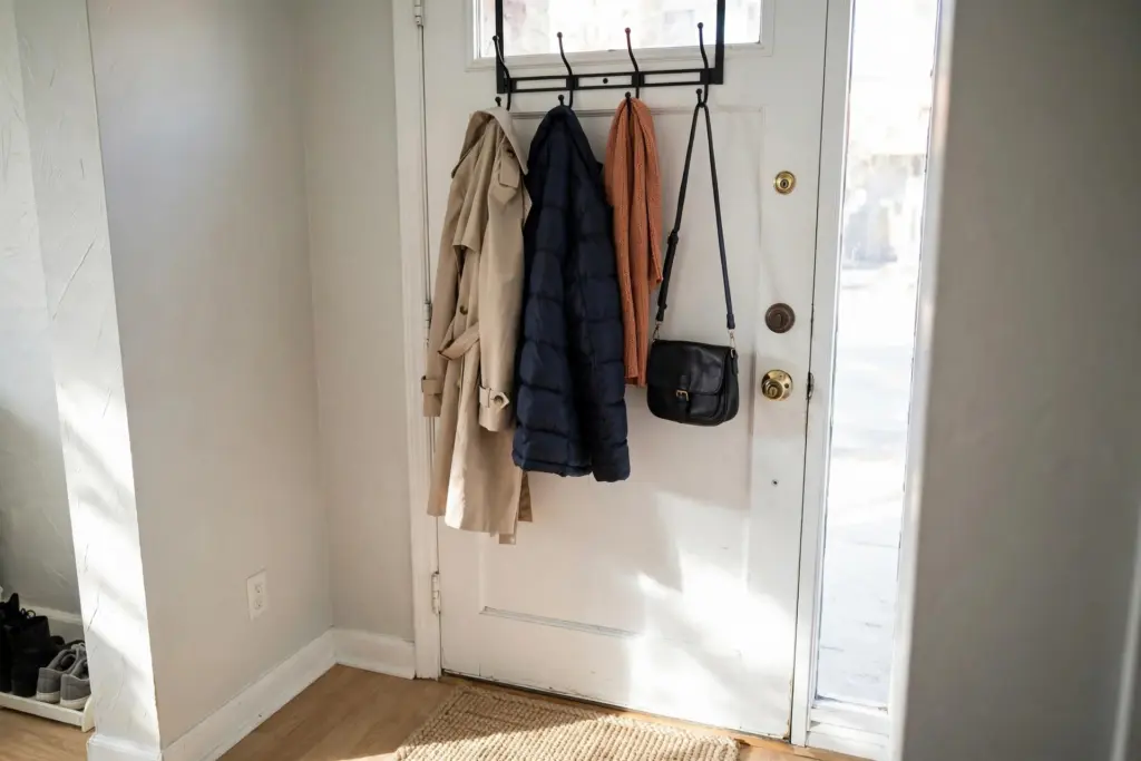 Over-the-door hook rack on a front door holding coats, a scarf and a bag