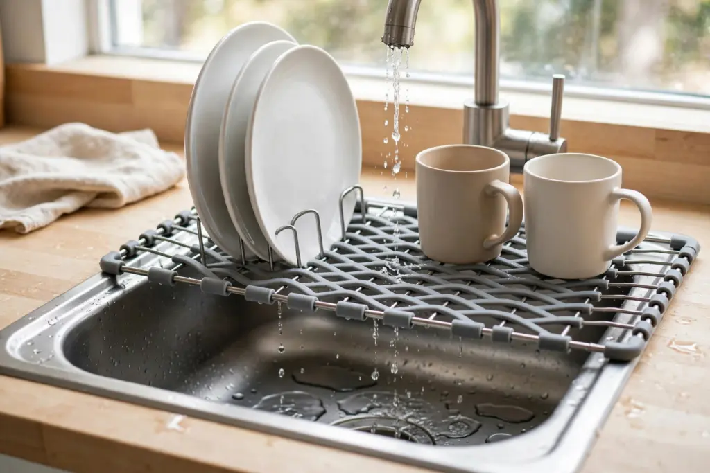 Silicone-wrapped steel roll-up dish rack across a sink basin with drying dishes