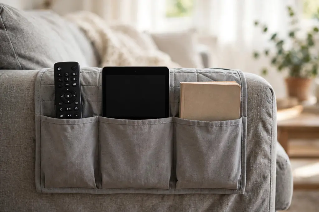 Fabric over-the-arm sofa organizer holding a remote, tablet and book