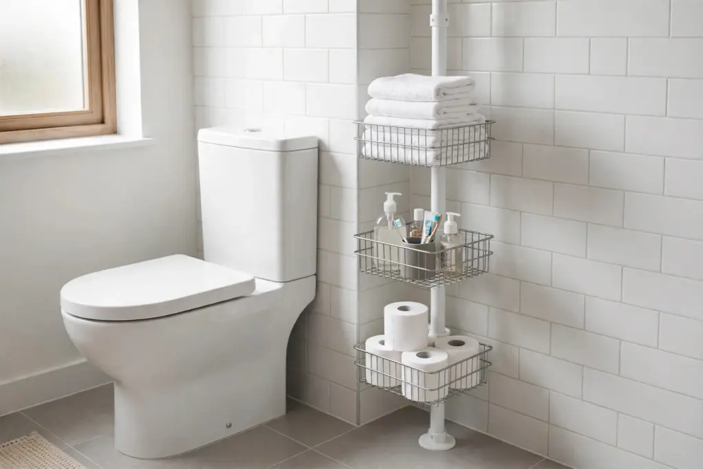 White floor-to-ceiling tension pole with three adjustable wire baskets beside a toilet