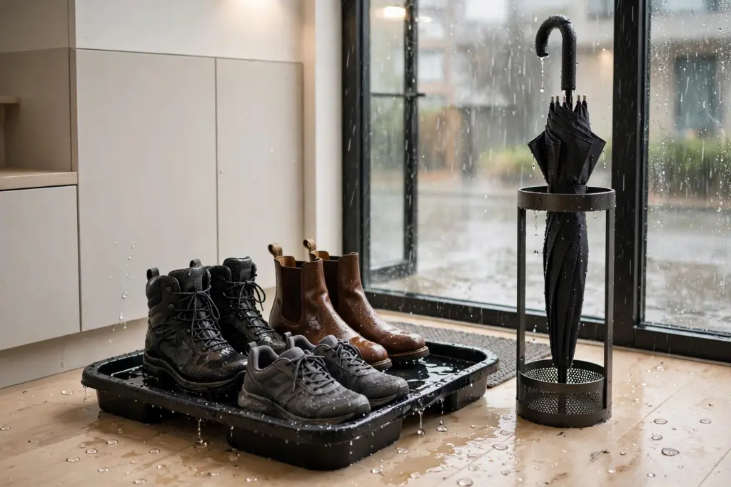Boot tray with wet boots beside an umbrella stand in an entryway on a rainy day
