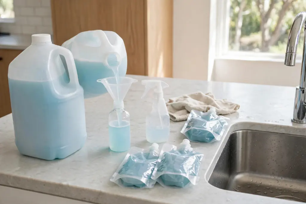 Bulky cleaning products decanted into smaller matching labeled spray bottles