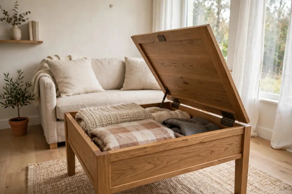 Lift-top coffee table with raised top revealing hidden blanket storage