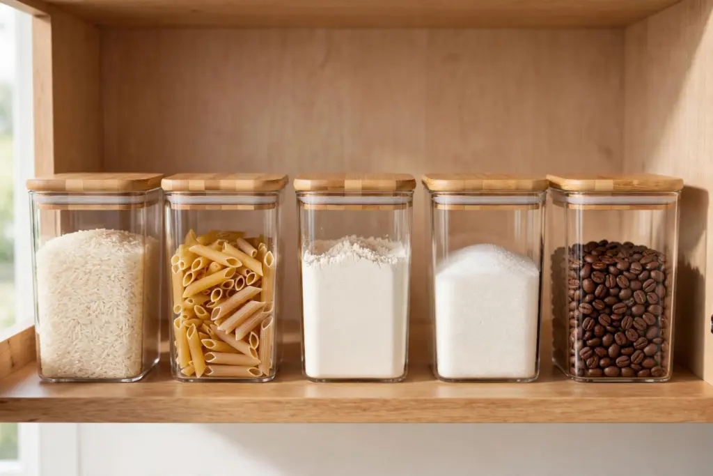 Five square stackable canisters with rice, pasta, flour, sugar and coffee in a row