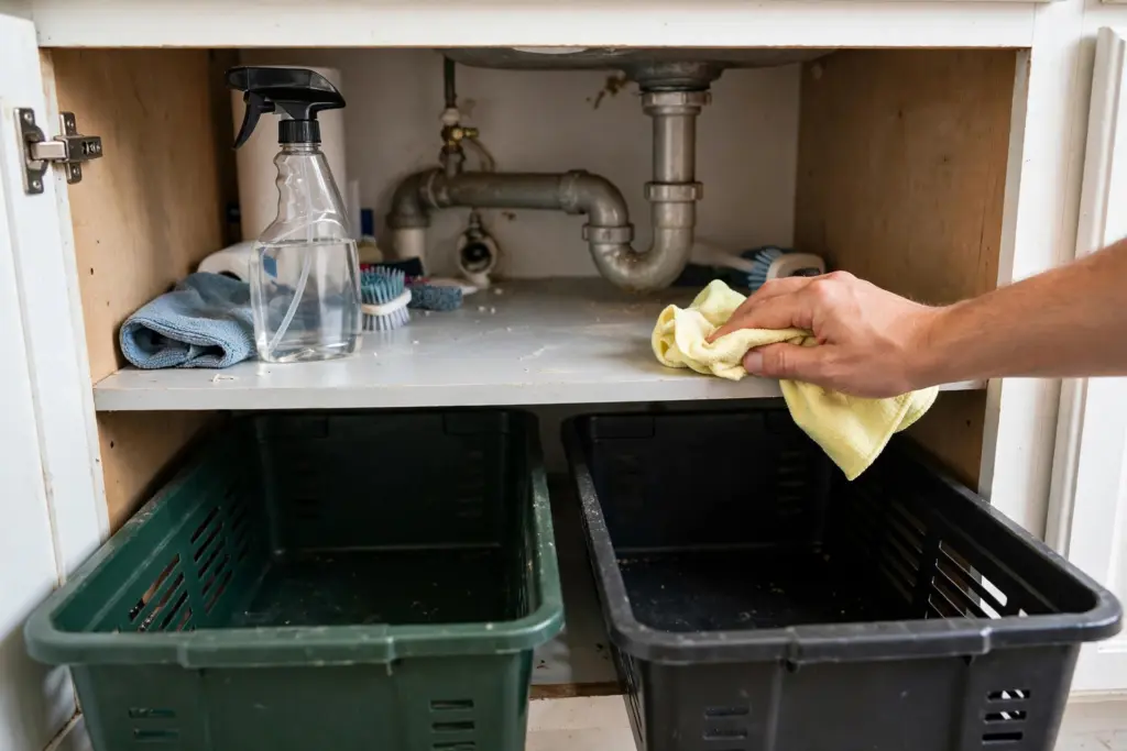 Hand wiping an under-sink cabinet shelf during a quick monthly reset