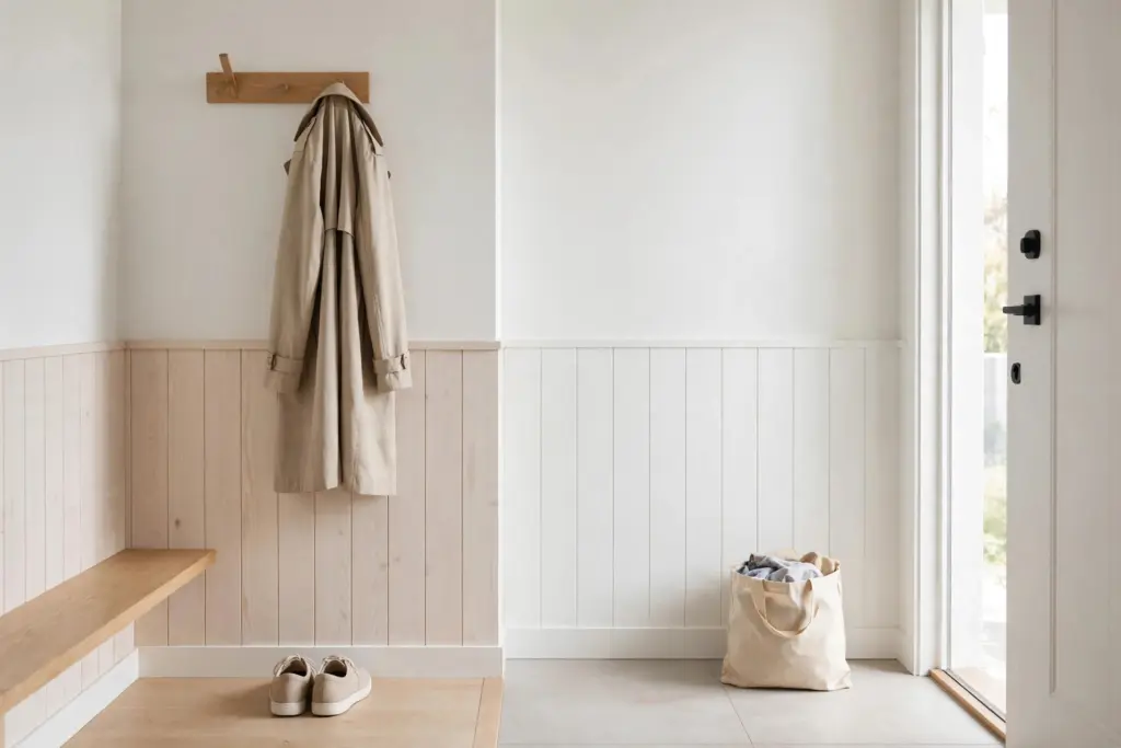 Minimal tidy entryway with one pair of shoes, one coat and a donation bag by the door