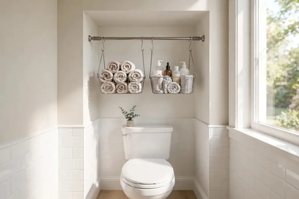 Tension rod mounted in a bathroom alcove with two hanging wire baskets holding washcloths and toiletries