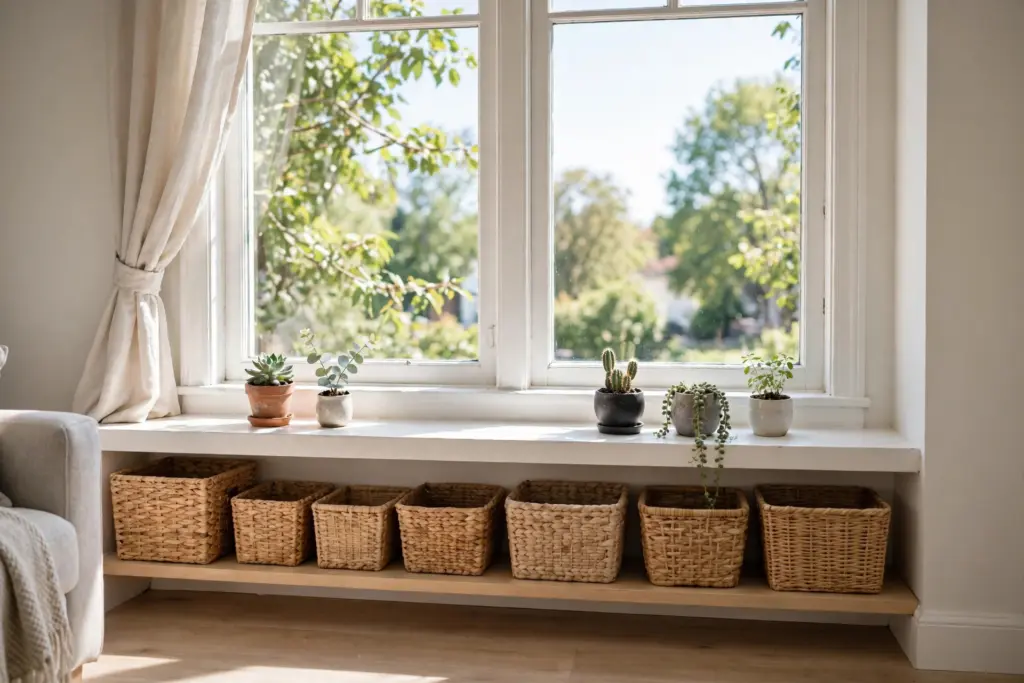 Wide windowsill with plants and a long low shelf with baskets beneath the window