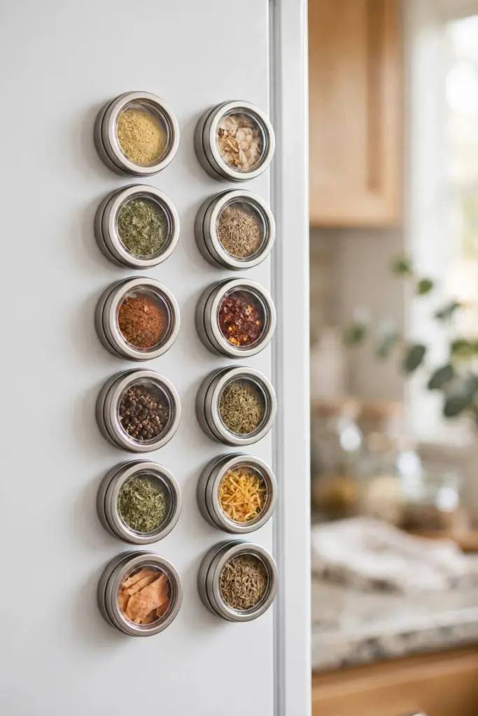 Two columns of small magnetic spice tins arranged on a refrigerator side panel