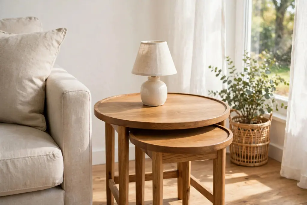 Two round wooden nesting side tables beside a sofa, one tucked under the other
