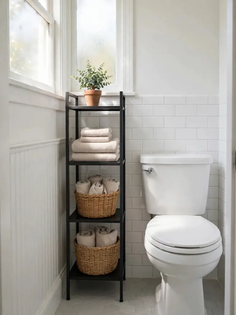 Narrow four-tier freestanding shelf beside a toilet with folded towels, baskets and a plant