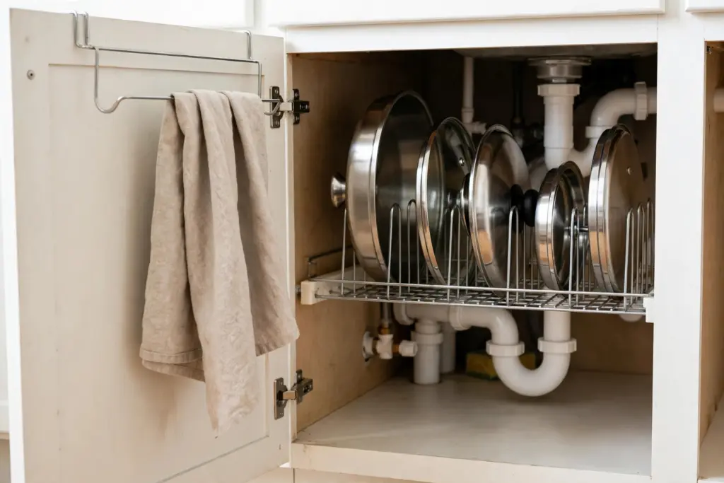 Wire towel bar hooked over a cabinet door with a dish towel and a lid holder inside