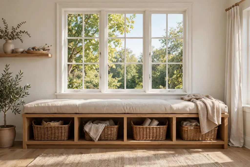 Storage bench with cushions under a window, baskets in the open cubbies below