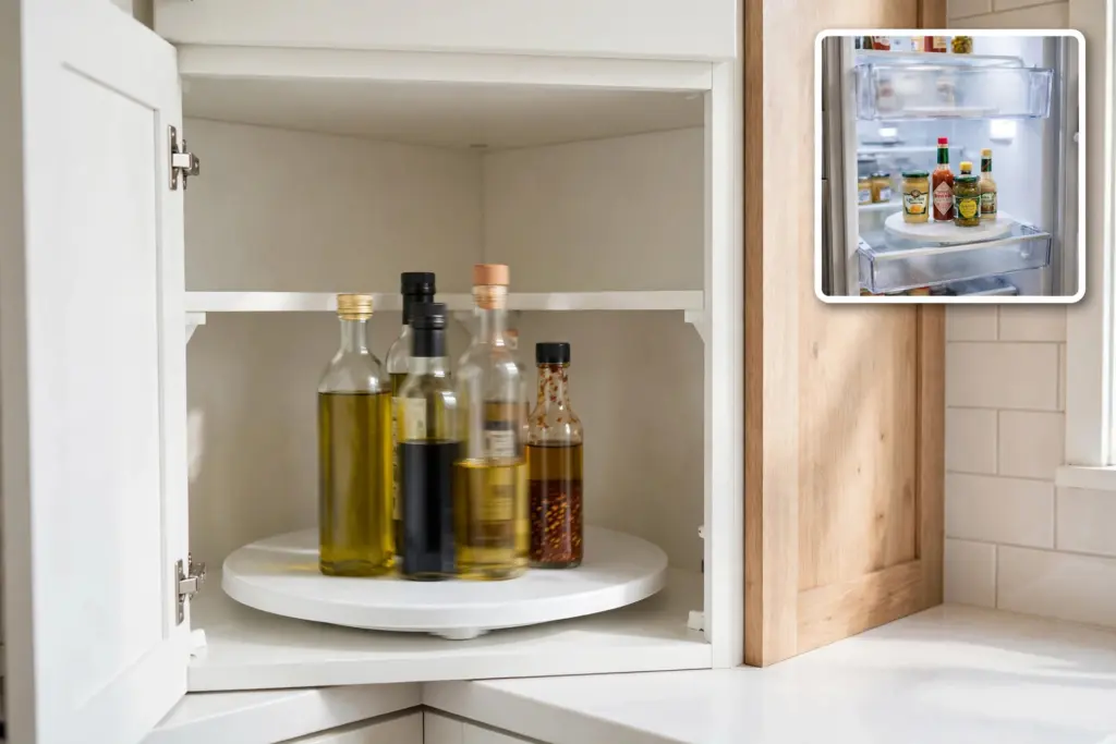 Turntable with oils and vinegars in a corner cabinet