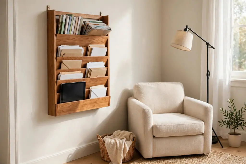 Wall-mounted vertical file organizer with magazines, mail and a tablet by a reading chair