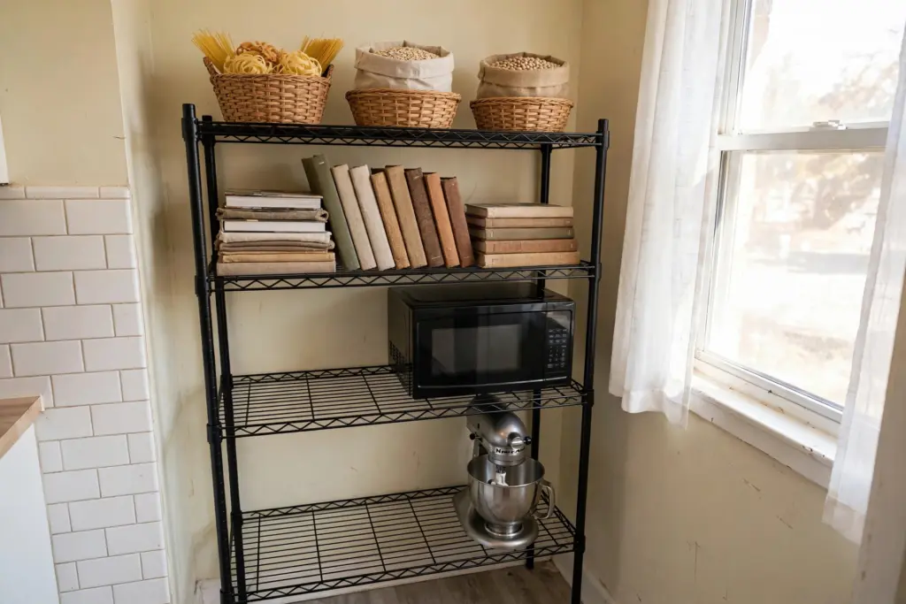 Four-tier metal baker's rack used as a pantry with microwave, baskets and cookbooks