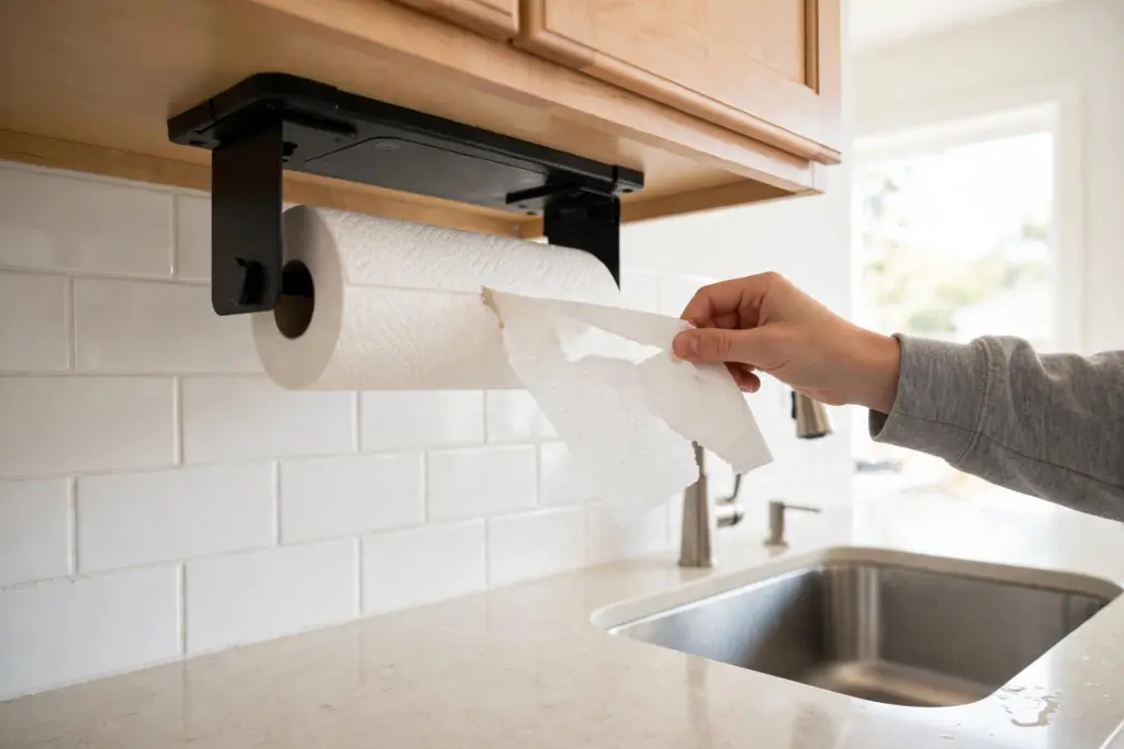 Adhesive-mounted paper towel holder under an upper cabinet by the sink