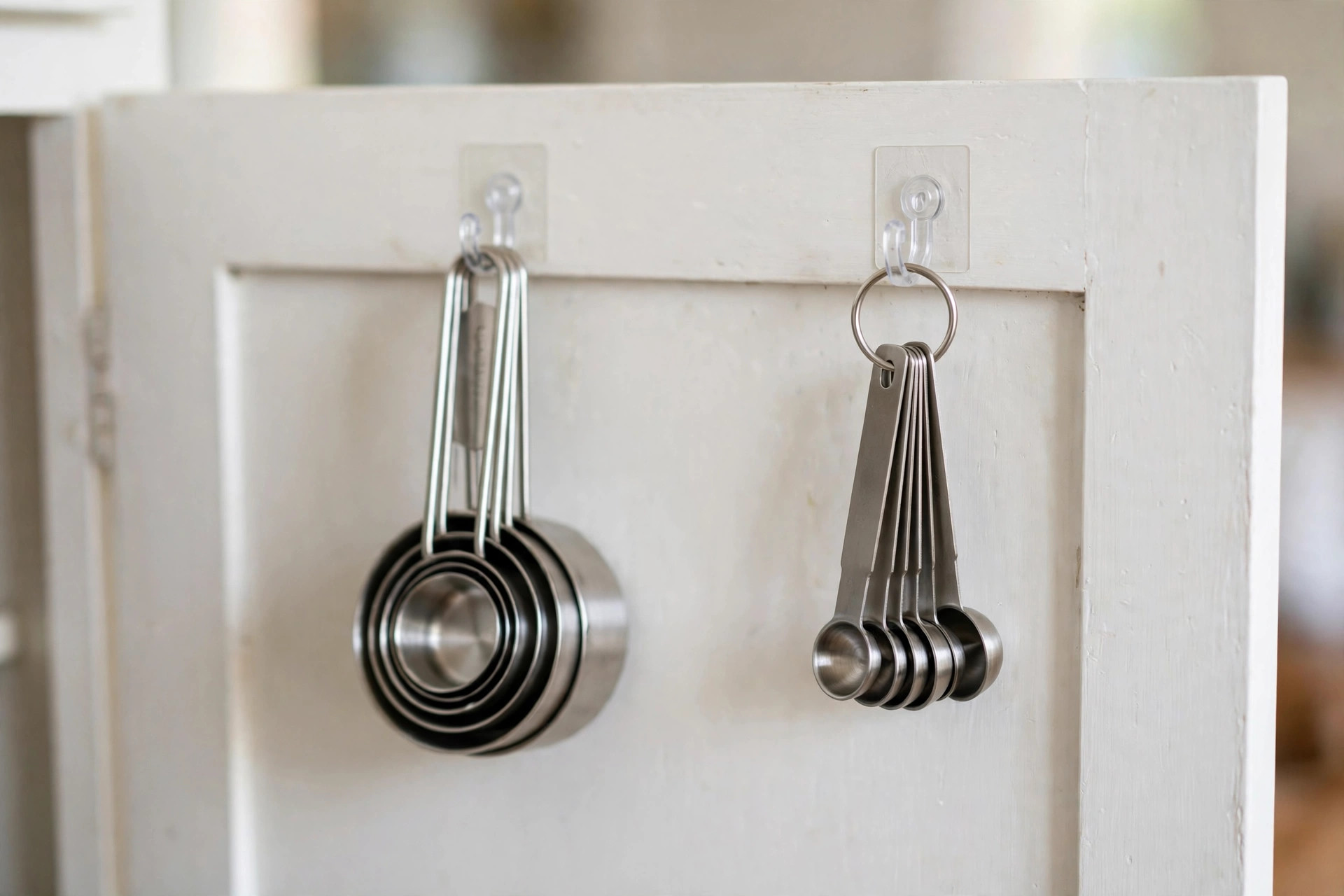 Adhesive hooks inside a cabinet door holding measuring cups and spoons
