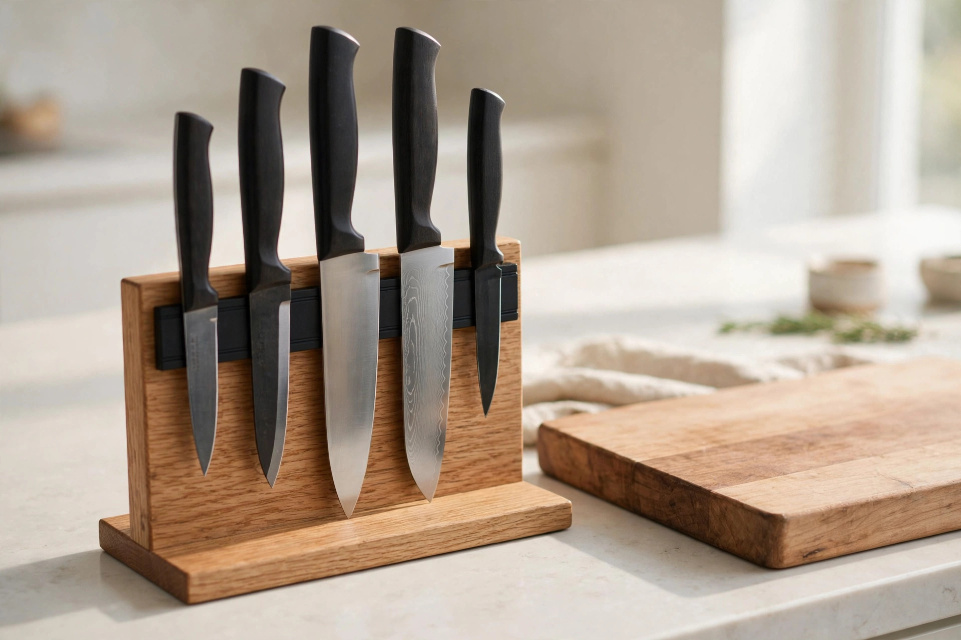 Countertop wooden magnetic knife dock holding kitchen knives