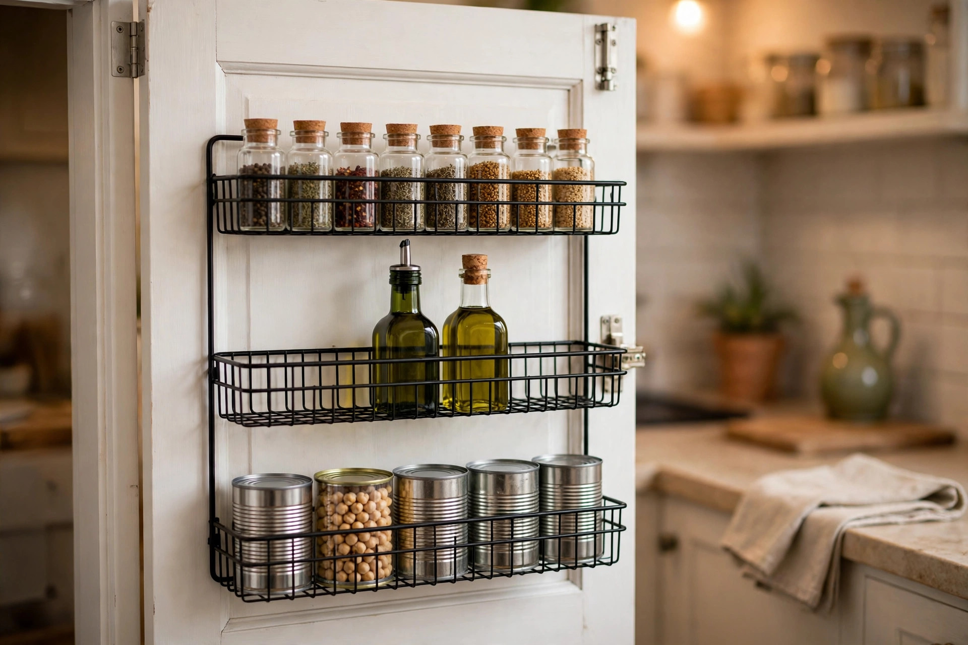 Over-the-door wire rack on a pantry door holding spice jars and cooking oils