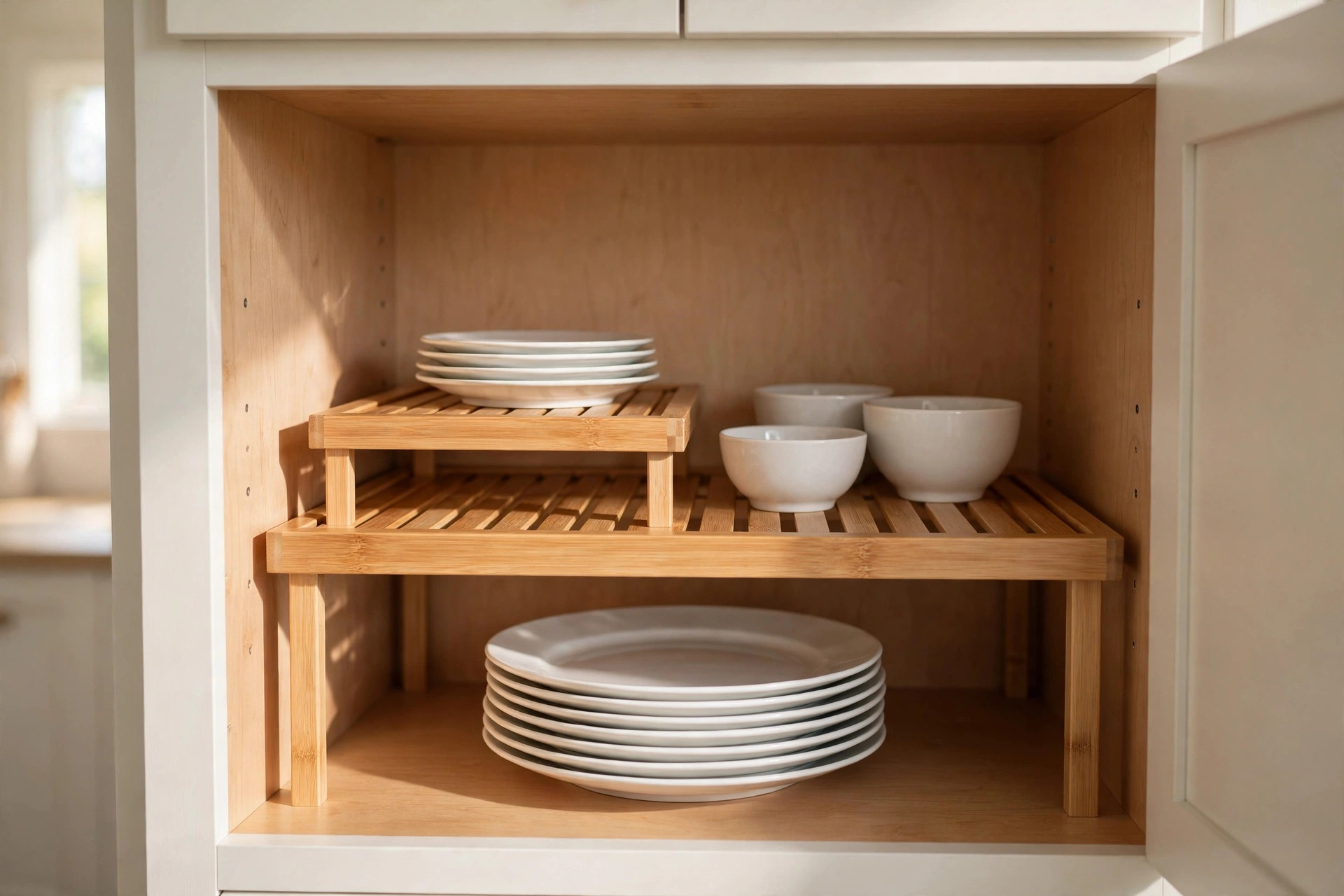 Bamboo shelf riser doubling cabinet space with stacked plates and bowls