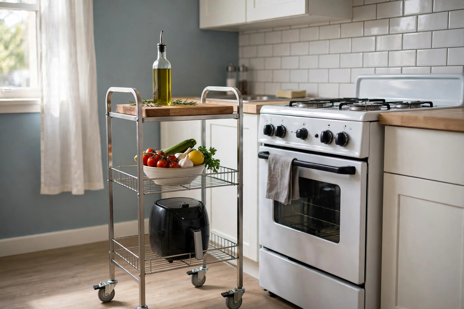 Slim three-tier rolling cart used as a prep island next to a stove in a small kitchen