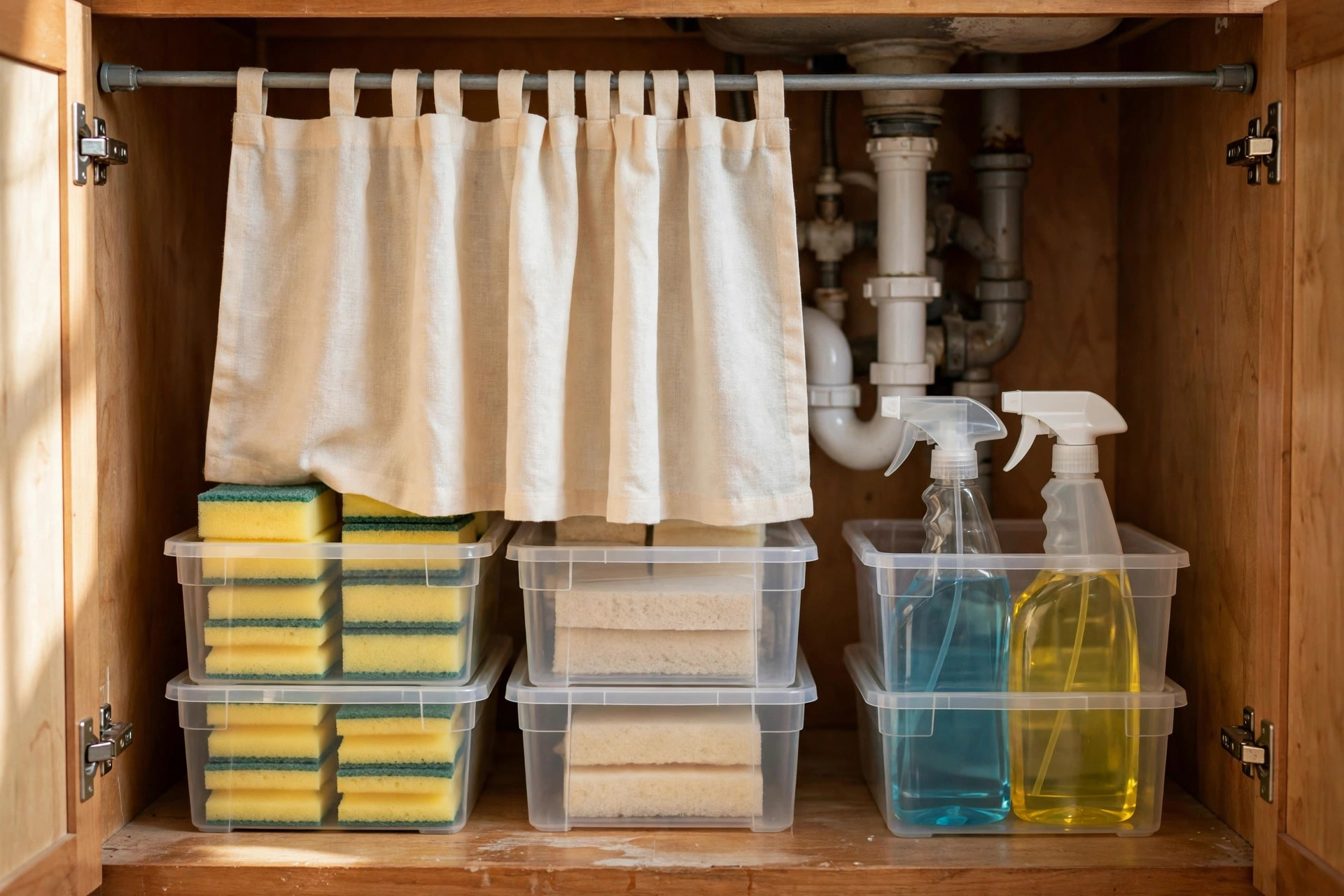 Under-sink cabinet with a tension rod and curtain hiding stackable bins of cleaning supplies