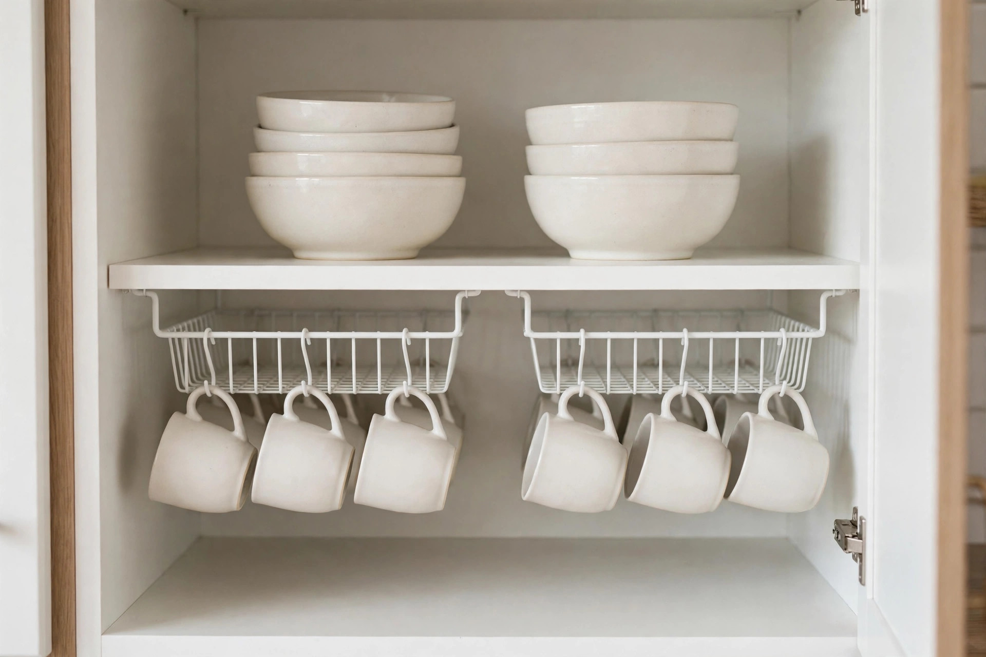 Under-shelf wire baskets inside a kitchen cabinet holding mugs