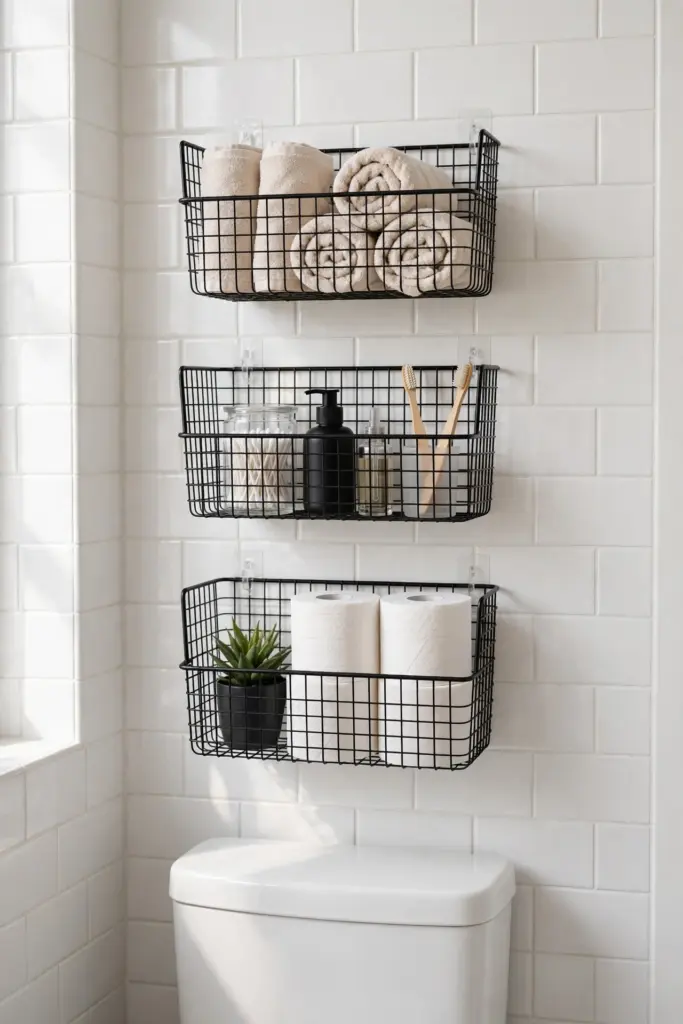 Adhesive wire wall baskets above a toilet holding toiletries, renter-friendly no-drill storage