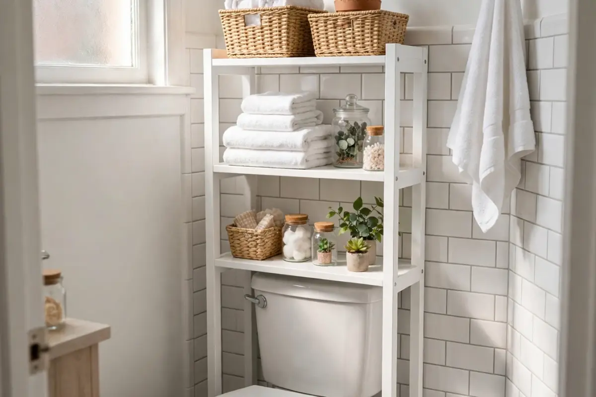 Freestanding over-the-toilet storage shelf with baskets and towels in a small rental bathroom