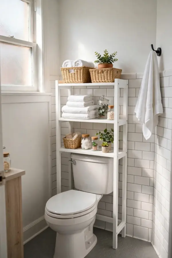 Freestanding over-the-toilet storage shelf with baskets and towels in a small rental bathroom