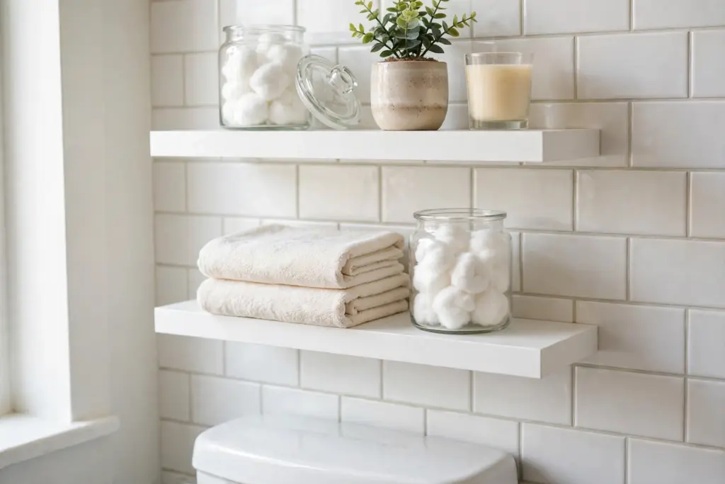 White floating shelves above a toilet with glass jars, plant and folded towels